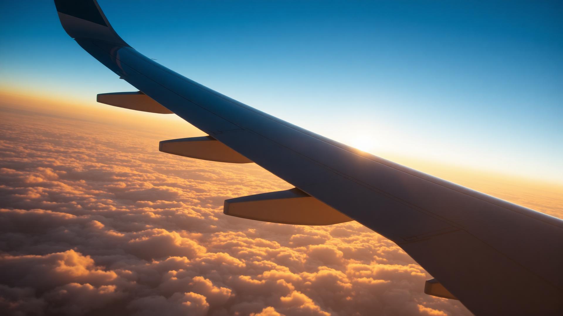 Airplane wing above the clouds at sunset